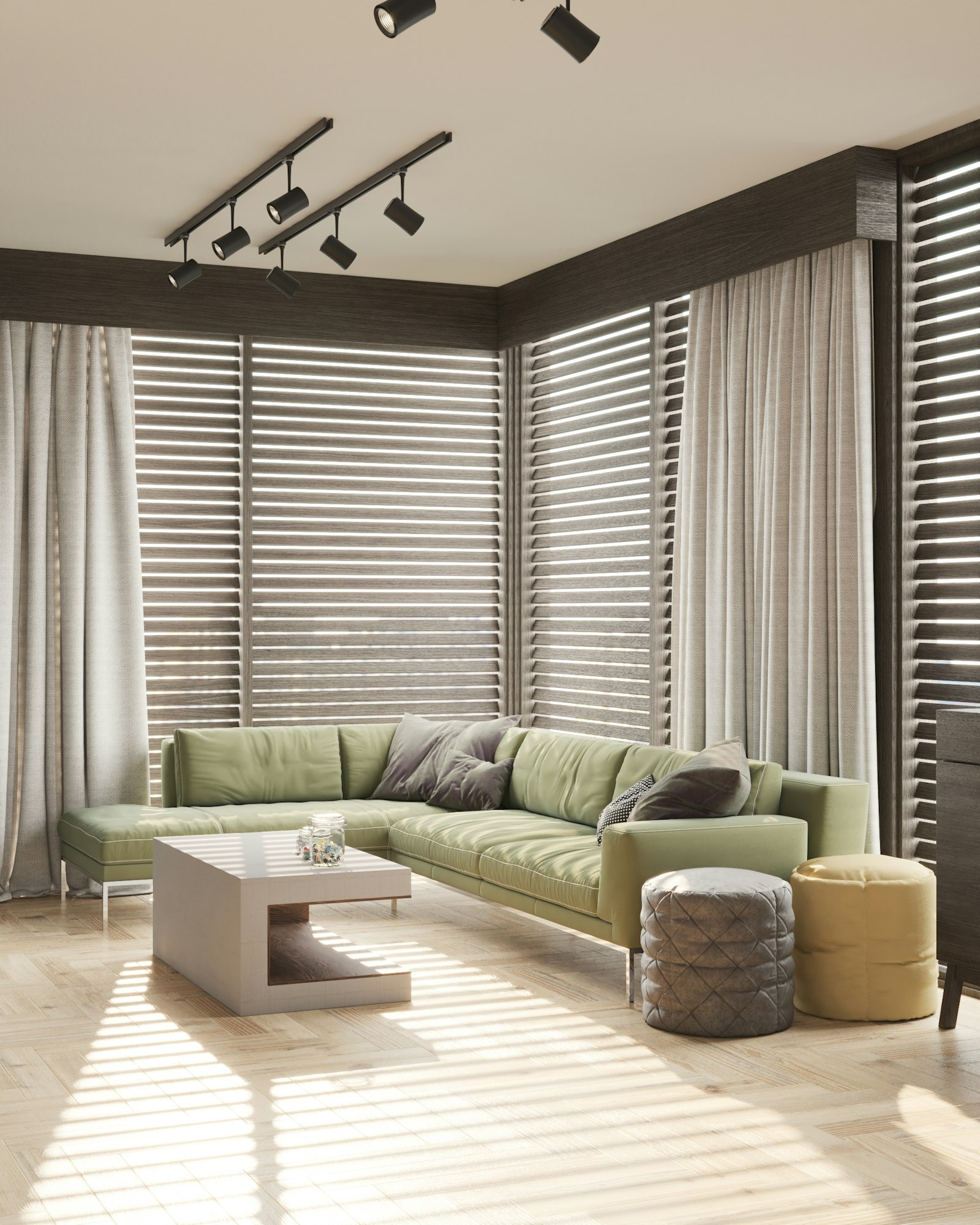 Living room with custom window treatments
